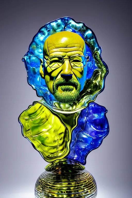 Prompt: still of glass work sculpture of walter white, by harvey littleton, by vera liskova, by lino tagliapietra, by dale chihuly, beautiful composition, 8 5 mm, f. 1 4