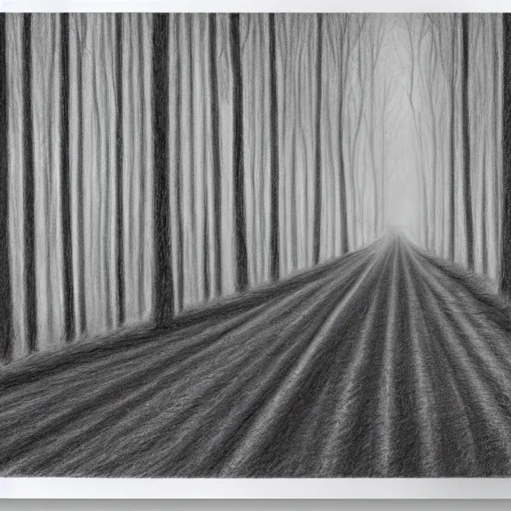 Image similar to a pencil drawing of a car driving through a forest on a gravel road, soft lighting, atmospheric, sunlight. by pen tacular