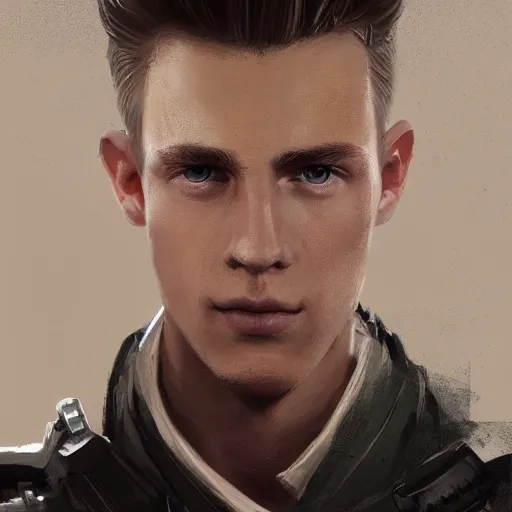 Image similar to Portrait of a man by Greg Rutkowski, he is about 20 years old, norwegian, short blond quiff hair, young, manly, attractive, strong, older brother vibes, he is wearing futuristic military fatigues, highly detailed portrait, scifi, digital painting, artstation, concept art, smooth, sharp foccus ilustration, Artstation HQ