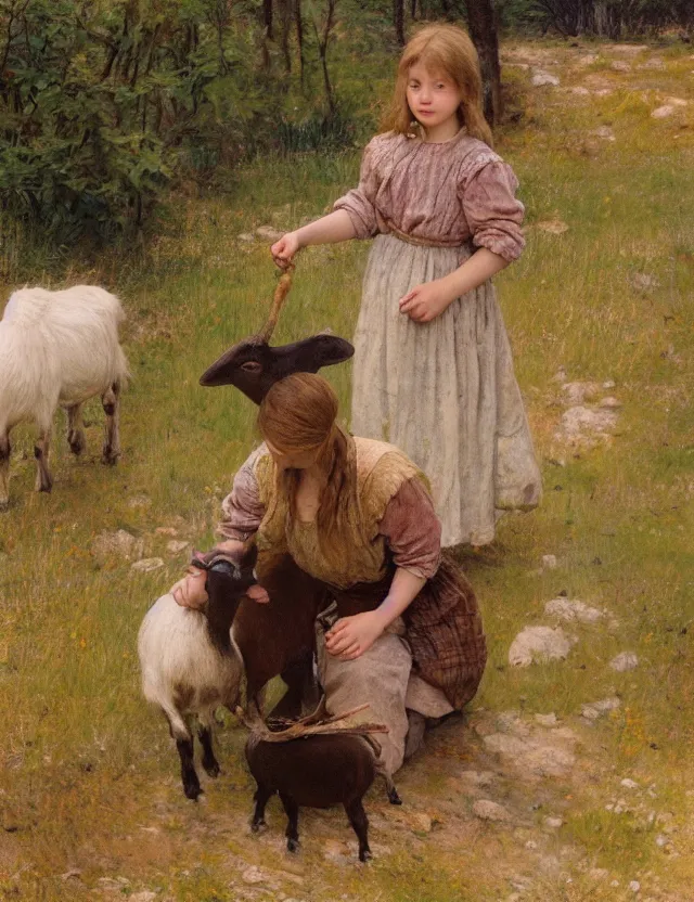 Image similar to portrait of little peasant girl petting a goat, cottage core, polaroid photo bleached vintage pastel colors high - key lighting, soft lights, foggy, by steve hanks, by lisa yuskavage, by serov valentin, by tarkovsky, 8 k render, detailed, oil on canvas