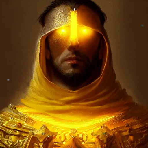 Prompt: A fancy portrait of a yellow glowing medieval Holy Knight by Greg Rutkowski, Sung Choi, Mitchell Mohrhauser, Maciej Kuciara, Johnson Ting, Maxim Verehin, loish, 4k photorealistic, volumetric lighting, HD, high details, dramatic, trending on artstation