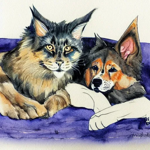 Prompt: Maine coon cat and German Shepherd doggy are best friends at nap time, ink under drawing, saturated watercolor