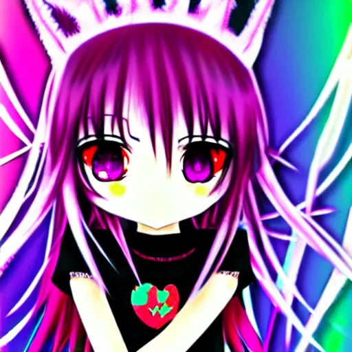 Image similar to emo anime girl, scene, rainbowcore, vhs monster high, glitchcore witchcore, checkered spiked hair, pixiv