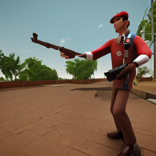 Image similar to gameplay footage Jerma985 as the Scout from Team Fortress 2, 3d Render, source engine