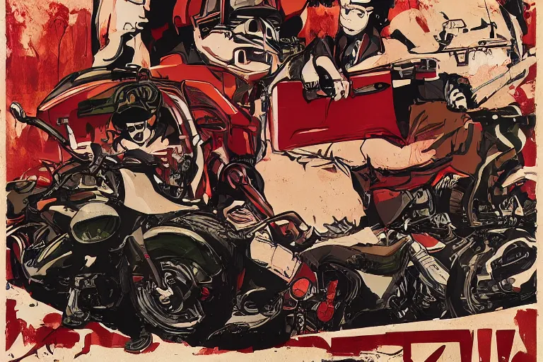 Image similar to pizza the hut, akira's motorcycle, gorillaz, poster, high quality