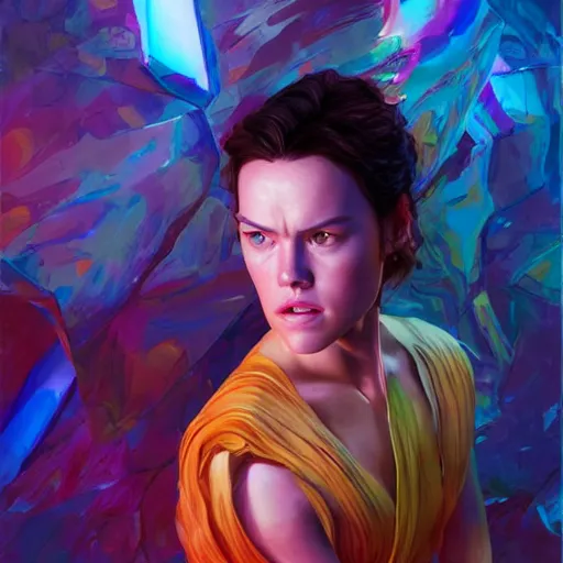 Image similar to daisy ridley ( star wars ), full body portrait colorful oil painting by android jones, john jean, yuumei, yanjun cheng, unreal 5, daz, hyperrealistic, octane render, rpg portrait, dynamic lighting, fantasy art, beautiful face