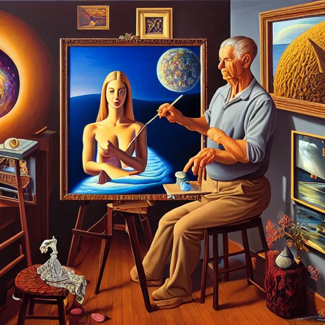 Image similar to an oil on canvas portrait of a man painting a portrait of a beautiful woman surrounded by paintings, surrealism, surrealist, cosmic horror, rob gonsalves, high detail