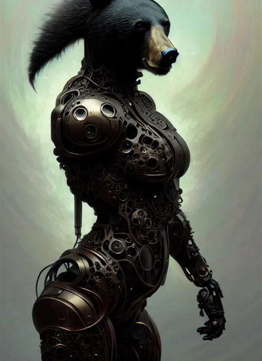 Image similar to organic cyborg, anthropomorphic asian black bear, diffuse lighting, fantasy, intricate, elegant, highly detailed, lifelike, photorealistic, digital painting, artstation, illustration, concept art, smooth, sharp focus, art by John Collier and Albert Aublet and Krenz Cushart and Artem Demura and Alphonse Mucha