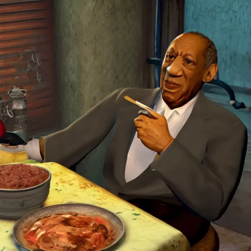 Prompt: bill cosby eating sausages, rapture, bioshock, photorealistic, 4 k, ultra realistic. isometric