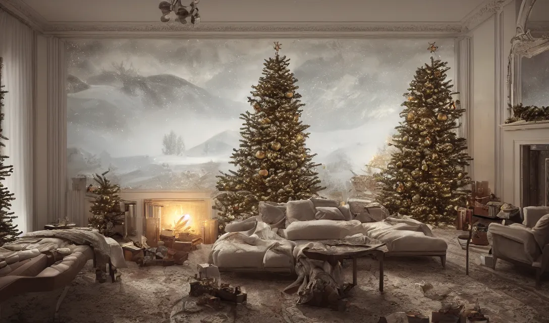 Image similar to a christmas eve in a beautiful home, photorealistic landscape painting on the wall, ascher clemens, home, interior, octane render, deviantart, greg rutkowski, cinematic, key art, hyperrealism, canon eos c 3 0 0, ƒ 1. 8, 3 5 mm, 8 k, medium - format print