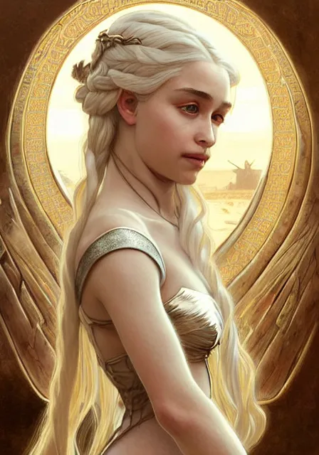 Image similar to daenerys angeline jolie, intricate, elegant, highly detailed, digital painting, artstation, concept art, smooth, sharp focus, illustration, art by artgerm and greg rutkowski and alphonse mucha and william - adolphe bouguereau