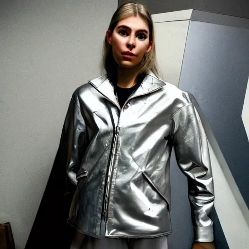 Image similar to a silver dirty jacket, retrofuturism