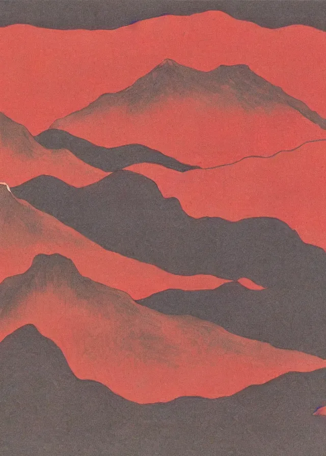 Image similar to landscape with red mountains, osamu tezuka