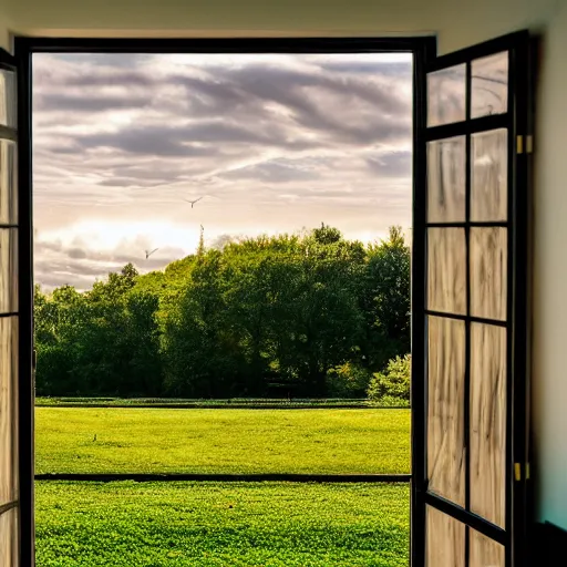 Prompt: a cinematic landscape view looking out a window into an open field, wind blows the leaves, and the sun shines through the parted clouds, a small flow of water runs through the backyard