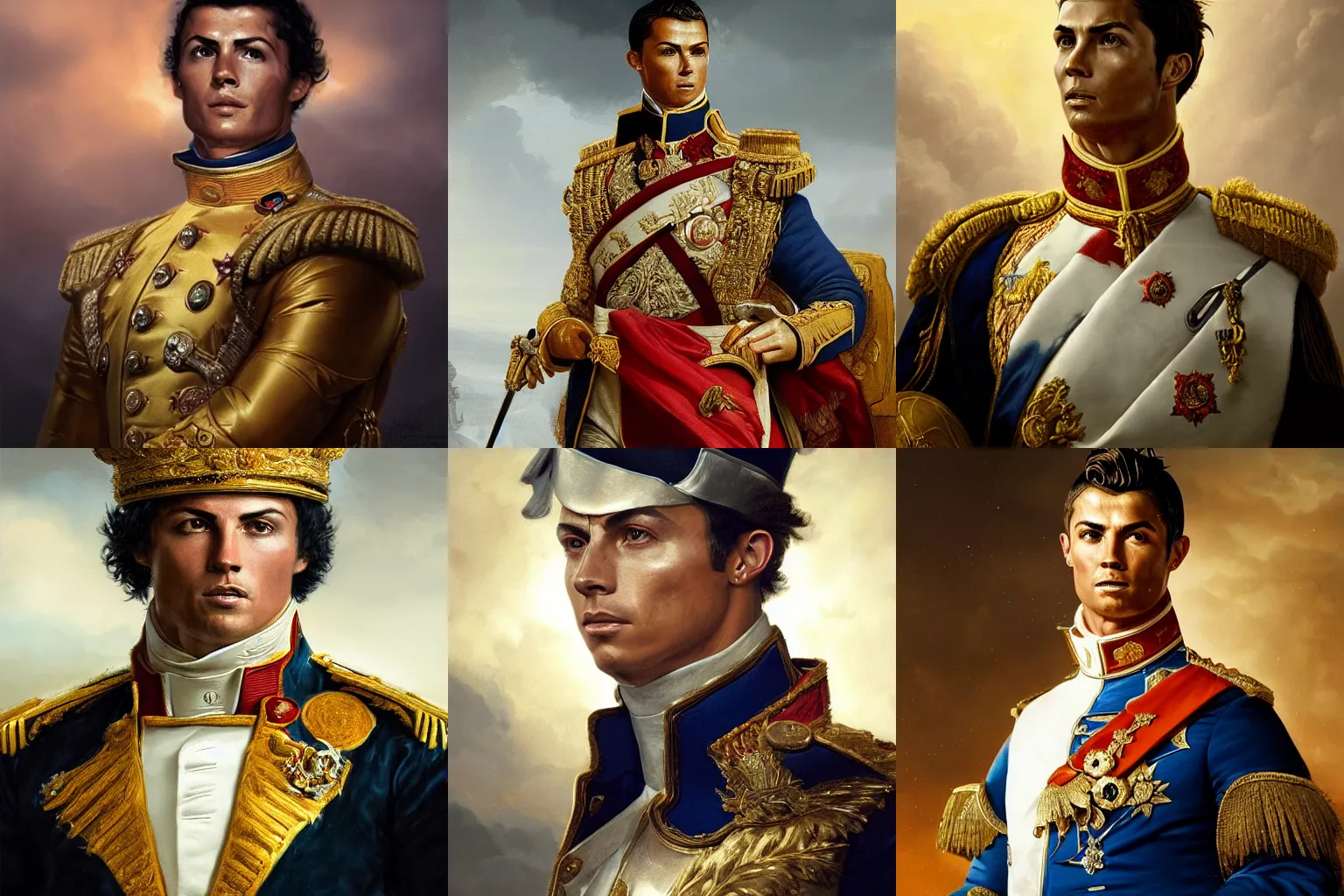 Prompt: Portrait of Cristiano Ronaldo as Emperor Napoleon, stunning screensaver, screensaver, head slightly tilted, natural light, elegant, intricate, fantasy, atmospheric lighting, cinematic, matte painting, Greg Rutkowski