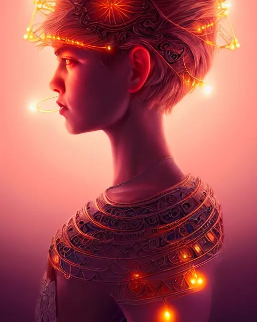 Image similar to portrait of warrior pixie, glowing lights!! intricate, elegant, highly detailed, digital painting, artstation, concept art, smooth, sharp focus, illustration, disney stuyle, symmetry face, fine details. surreal, by ilya kuvshinov, katsuhiro otomo, kidmo!!!, trending on artstation, munreal engine 5