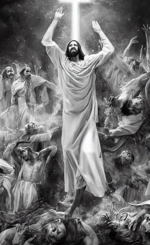 Image similar to jesus christ in a white robe strikes a dramatic dance pose on dead laughing bodies in streets of an apocalyptic metropolis destroyed after war, fantasy art, dramatic lighting, insane details