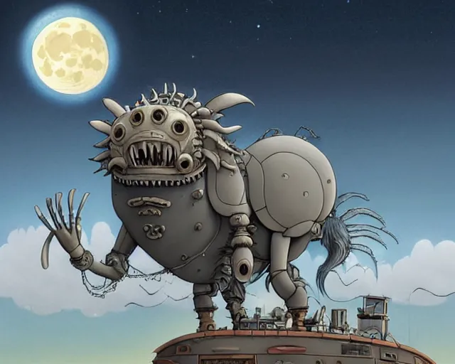 Image similar to a cell shaded cartoon grey lovecraftian mechanized griffon from howl's moving castle ( 2 0 0 4 ), with a big head, on a desert road, wide shot, in front of a big moon, muted colors, post grunge, josan gonzales, wlop, by james jean, victor ngai, hq, deviantart, art by artgem