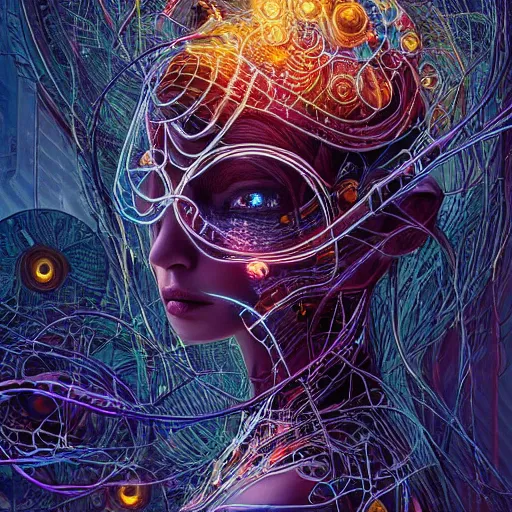Prompt: beautifully stunning biopunk woman_integrating_with_technology_full_face_insipiring_detailed_intricate_ornate_cables_connected_to_head_big_open_electric_eyes_ the_singulairty is now rendered in unreal by android jones