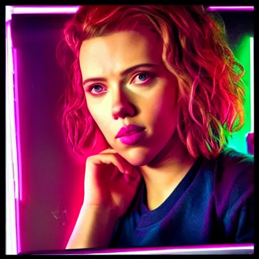 Prompt: “ scarlett johansson portrait, stranger things character, 8 0 s, neon, high school, student, vhs, arcade, fiction, steven spielberg, hyperrealistic, dramatic, heroic, epic, cinematic lighting ”