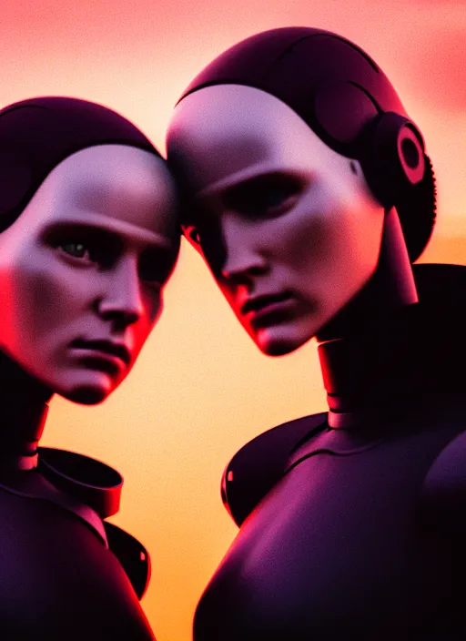 Image similar to cinestill 5 0 d photographic portrait of two loving female androids wearing rugged black techwear on a desolate plain with a red sky, showing some skin, extreme closeup, modern cyberpunk, dust storm, 8 k, hd, high resolution, 3 5 mm, f / 3 2, ultra realistic faces, ex machina, blade runner