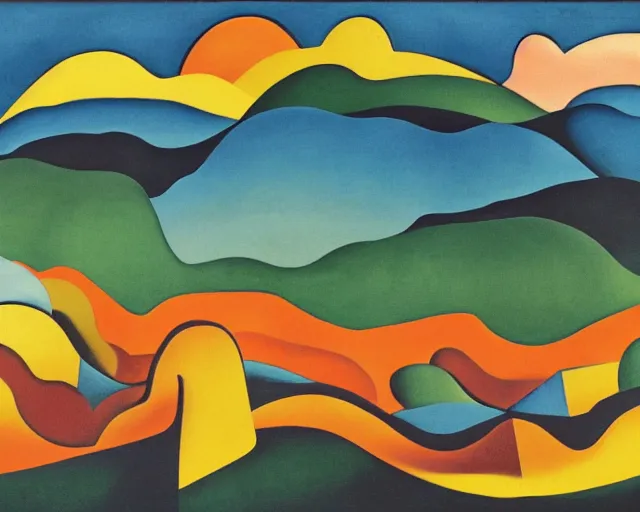 Image similar to An insane, modernist landscape painting. Wild energy patterns rippling in all directions. Curves, organic, zig-zags. Mountains. Clouds. Rushing water. Tarsila do Amaral.