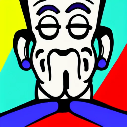 Image similar to handsome squidward as man, big smile, strong chin, handsome, pop art style