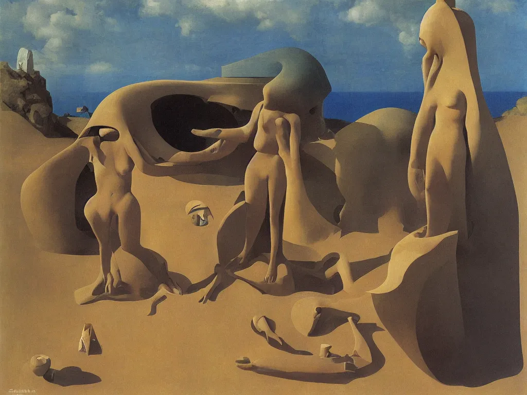 Prompt: Hermit living under the giant dress of a woman, making surreal sculptures in the sand. Still life with teeth. Zurbaran, Rene Magritte, Jean Delville, Max Ernst, Roger Dean