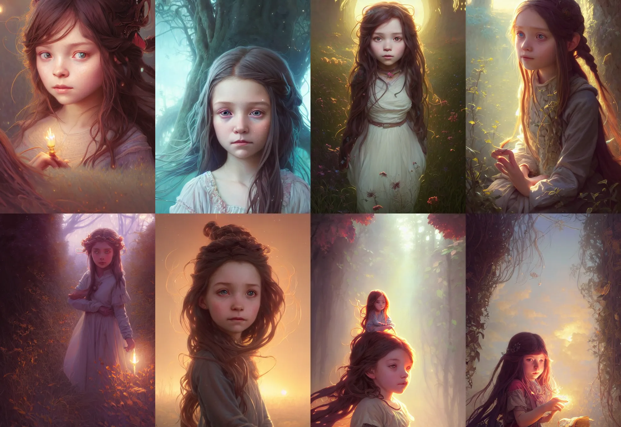 Image similar to highly detailed portrait of a little girl with long hairs, stephen bliss, unreal engine, fantasy art by greg rutkowski, loish, rhads, ferdinand knab, makoto shinkai and lois van baarle, ilya kuvshinov, rossdraws, tom bagshaw, alphonse mucha, global illumination, radiant light, detailed and intricate environment