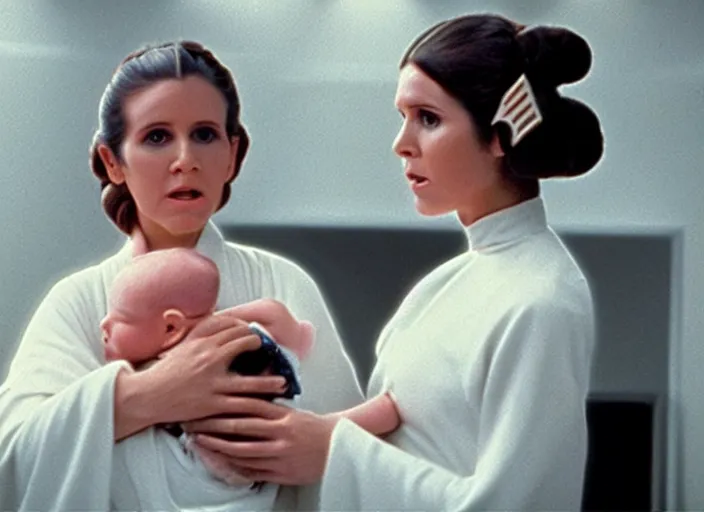 Image similar to screenshot of Princess Leia Organa holding a one newborn baby in a swaddle with Han Solo standing next to her, iconic scene from 1970s film directed by Stanley Kubrick, in a sci fi nursing home architecture, 4k HD sharp, cinematic lighting still frame, photoreal, detailed face, moody lighting, stunning cinematography, anamorphic lenses, kodak color film stock