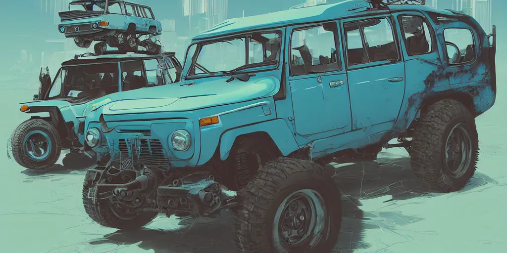 Image similar to digital illustration of a futuristic faded cyan mad max's fj 4 0 decrepit!!!! pursuit special, rusty!!! cyberpunk nissan fj cruiser heavily modded 1 9 9 0 s, the last v 8 interceptor by makoto shinkai, ilya kuvshinov, lois van baarle, rossdraws, basquiat