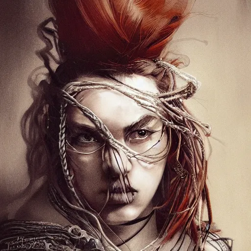 Prompt: portrait of a Shibari rope wrapped face and neck, headshot, insanely nice professional hair style, dramatic hair color, smoke, digital painting, of a old 13th century, traveler, amber jewels, baroque, ornate clothing, scifi, realistic, hyperdetailed, chiaroscuro, concept art, art by Franz Hals and Jon Foster and Ayami Kojima and Amano and Karol Bak,