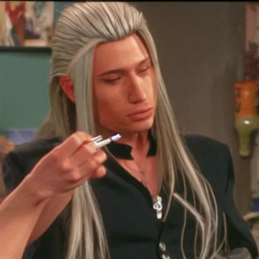 Prompt: Sephiroth smoking a joint in Friends