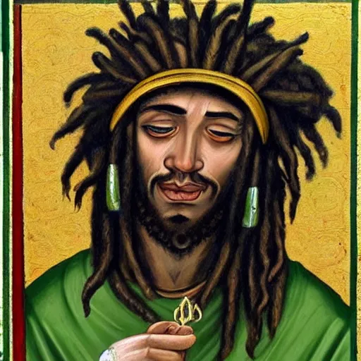 Image similar to a beautiful medieval art style painting of a Rastafarian sheep with dreadlocks and a blunt, trending on artstation