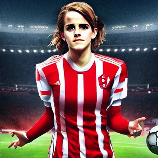 Image similar to emma watson as lokomotiv football player, hyper realistic, highly detailed