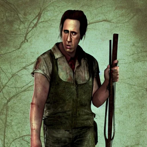 Prompt: nickolas cage holding the green axe from silent hill one, highly detailed, ultra realistic, 4 k