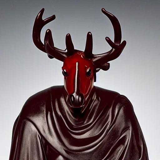 Prompt: an ominous haunting horse mask with many red eyes and twisting antlers figure wearing a black robe, ( ( ( smiling ) ) ), full figure, statue