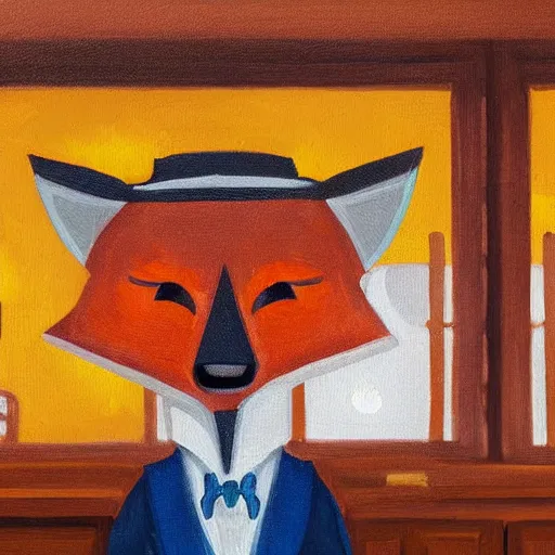 Image similar to humanoid fox detective in an evil restaurant. dark, moonlight through window. fine art, masterpiece painting, 4 k