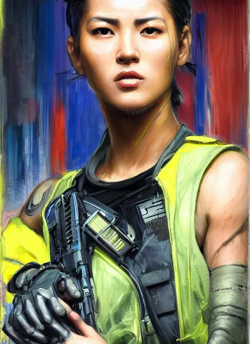 Image similar to Nikki tanaka. beautiful cyberpunk female USN marine wearing a military vest and brightly colored jumpsuit (cyberpunk 2077, bladerunner 2049). gorgeous face. Iranian orientalist portrait by john william waterhouse and Edwin Longsden Long and Theodore Ralli and Nasreddine Dinet, oil on canvas. Cinematic, hyper realism, realistic proportions, dramatic lighting, high detail 4k