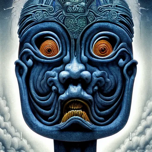 Image similar to naraka buddhist alien demon korean, thailand art, tubular creature, blood vessels, blue eyes, black energy, dystopian surrealism, zdzisław beksinski, symmetry accurate features, very intricate details, high resolution, symmetrical long head, smooth marble surfaces, detailed ink illustration, robot, metal gear, cinematic smooth stone, deep aesthetic, concept art