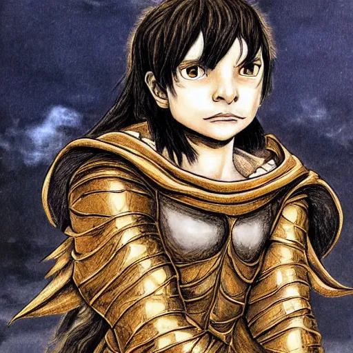 Prompt: portrait of ethereal young goblin princess in golden armour by Kentaro Miura