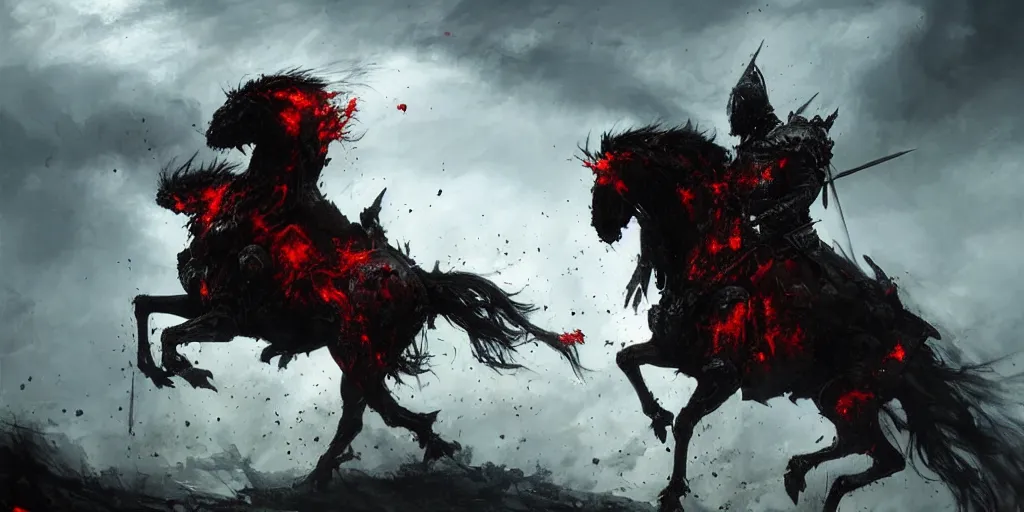 Prompt: a angry knight in full plate of black armor, splattered with blood, riding a large black war horse, with red glowing eyes flowing red mane and tail, blackened clouds cover sky, crackling with lightning, a castle in distance burns, concept art by greg rutkowski, craig mullins, todd mcfarlane,