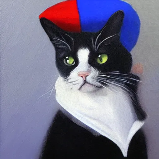 Image similar to A cat wearing a beret with the American flag on it, oil Painting, ultradetailed, artstation