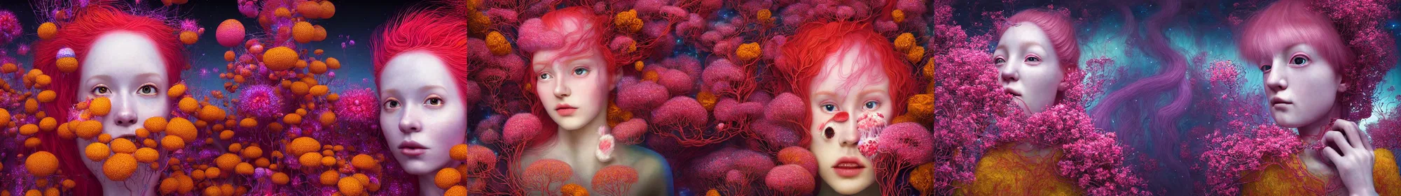 Prompt: hyper detailed 3d render like a Oil painting - kawaii portrait Aurora (red haired Fae) seen Eating of the Strangling network of yellowcake aerochrome and milky Fruit and Her delicate Hands hold of gossamer polyp blossoms bring iridescent fungal flowers whose spores black the foolish stars by Jacek Yerka, Mariusz Lewandowski, Houdini algorithmic generative render, Abstract brush strokes, Masterpiece, Edward Hopper and James Gilleard, Zdzislaw Beksinski, Mark Ryden, Wolfgang Lettl, hints of Yayoi Kasuma, octane render, 8k