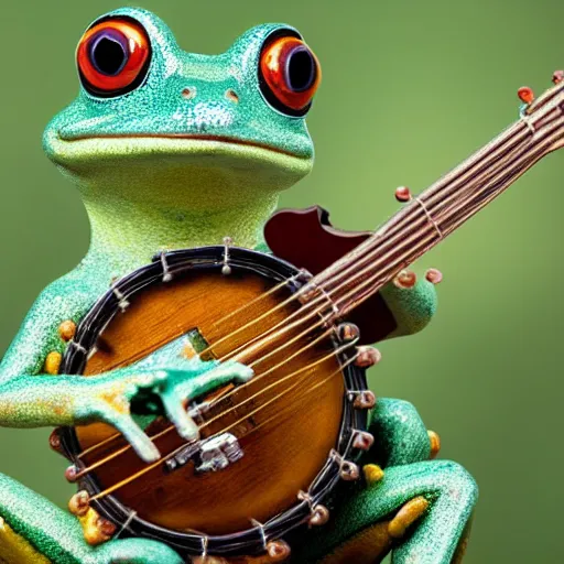 Prompt: Photograph of a frog playing a banjo on a tiny island, tilt shift lens, ultra high quality