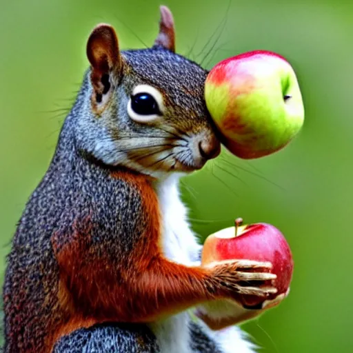 Prompt: A squirrel gives an apple to a bird