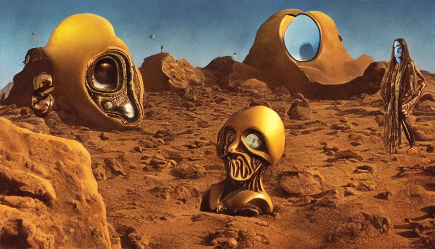 Prompt: salvador dali and bene gesserit in full - face golden glowing mask in a black rocky desert landscape with alien abandoned city beneath the sand and giant alien spaceship in the sky attacks the earth by christopher doyle and alejandro jodorowsky, anamorphic lens, kodakchrome, cinematic composition, very detailed photo, 8 k,