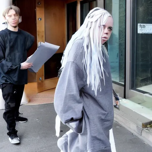 Prompt: photo of Billie Eilish getting kicked out of her record label building