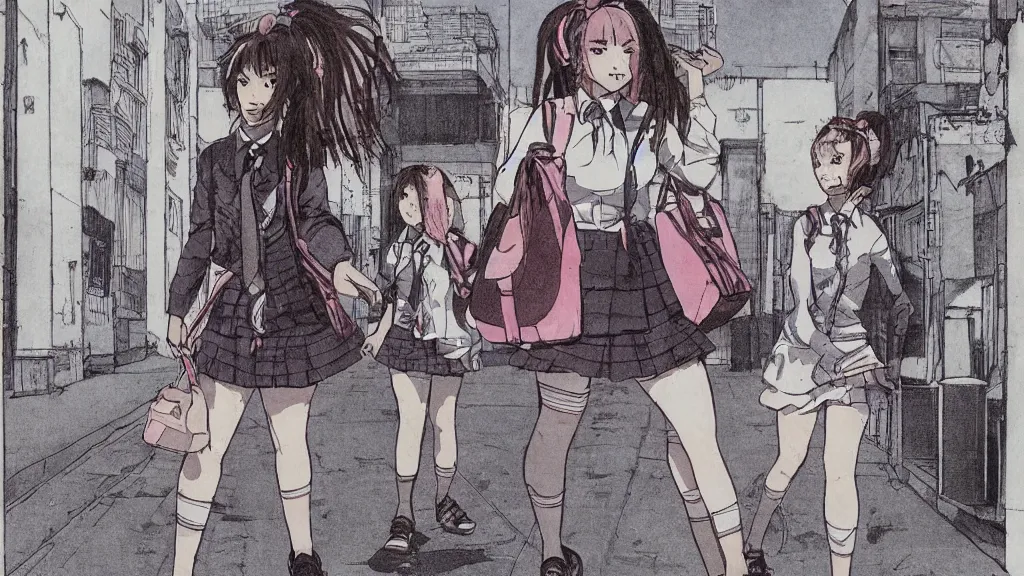 Image similar to cute schoolgirl walk in ghetto, in style of katsuya terada,