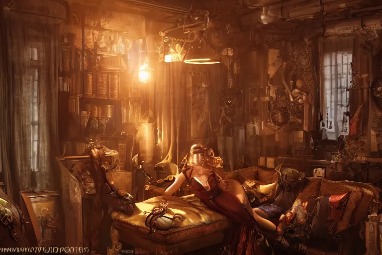 Image similar to beautiful women in the interior of a steampunk apartment, by Joe Madureira, 3d scene, render, ultra realistic, ray tracing, night time, volumetric light, artstation, cgsociety, level design, unreal engine, 3d scene, zenith view